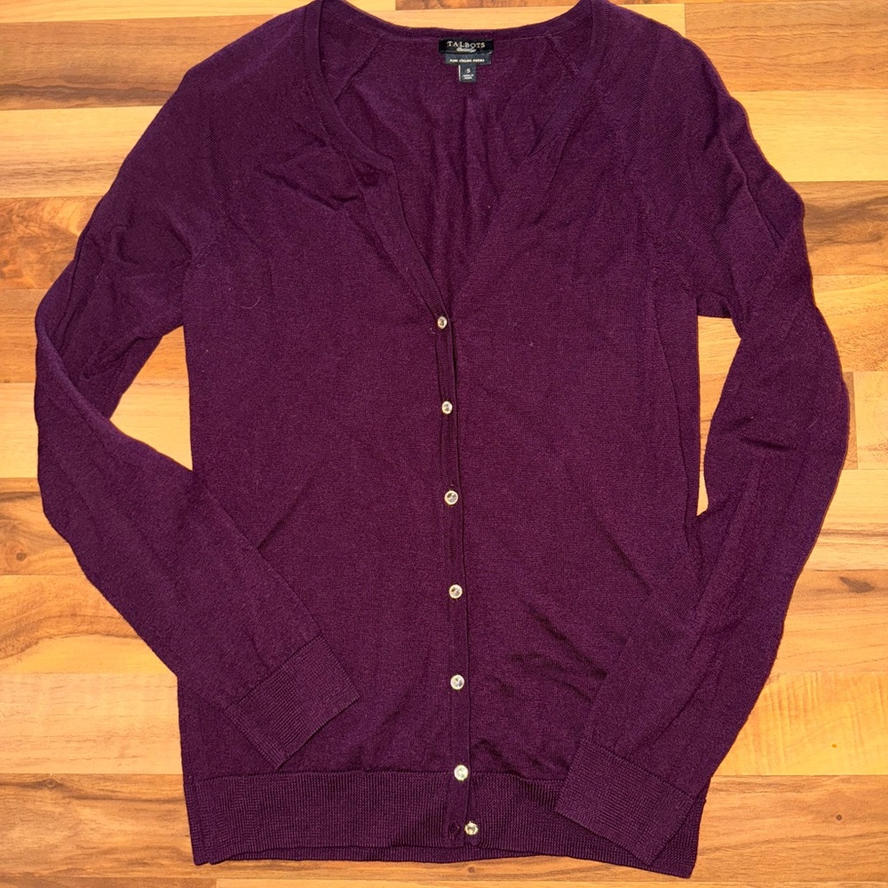 Talbots pure Italian merino wool cardigan plum color size small